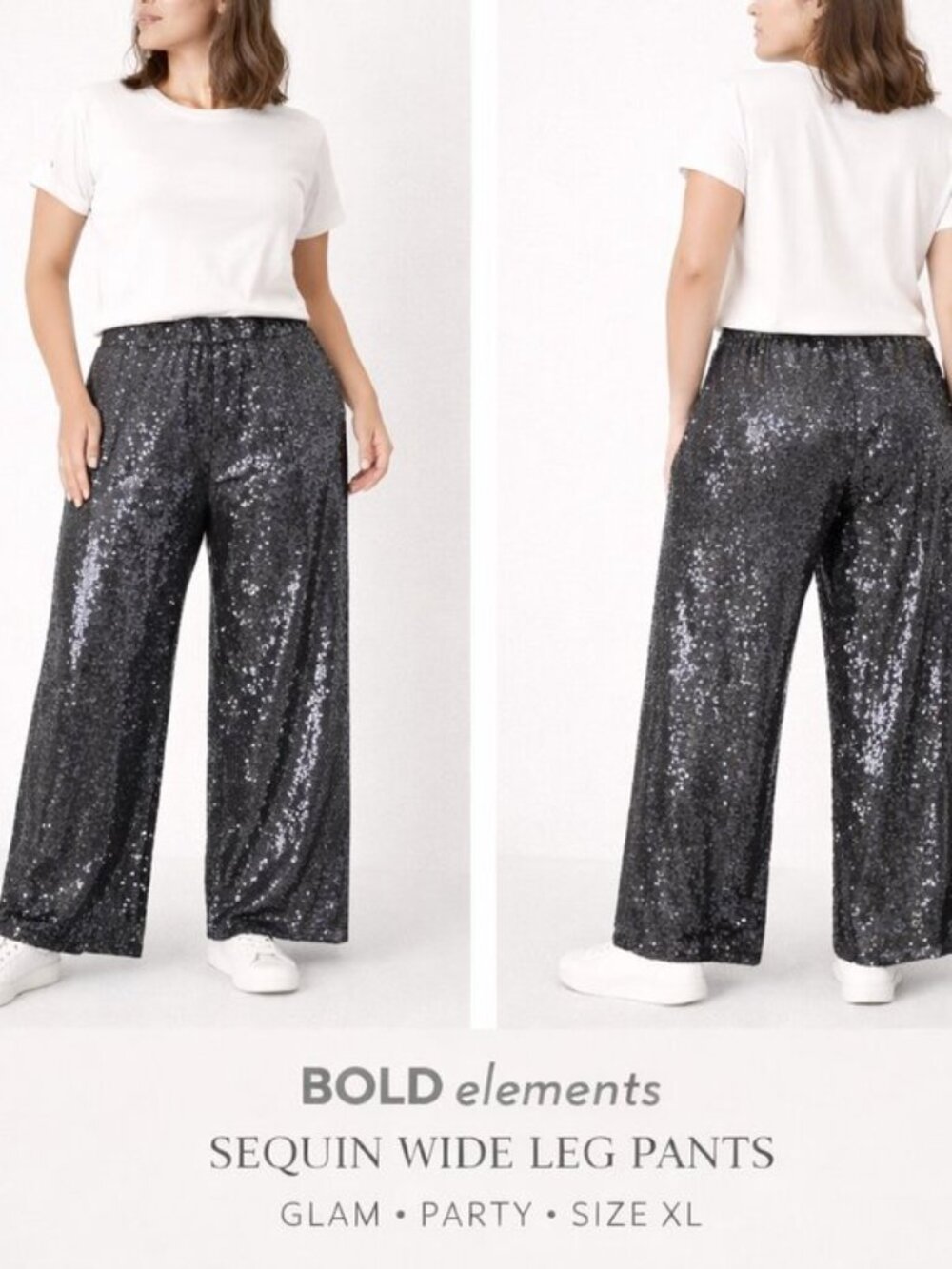 NEW Bold Elements Dark  grey Sequined High Waisted Wide Leg Pants Silver Sz XL